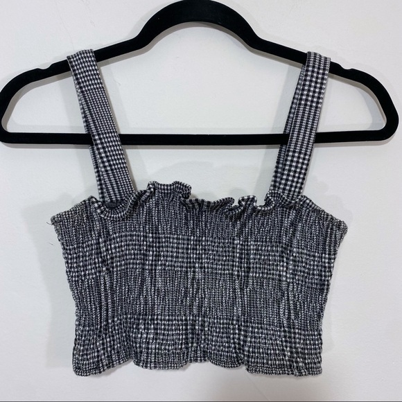 Free People Smocked Crop Top Tank Black White Gingham Plaid Print Cropped Small - Picture 1 of 6